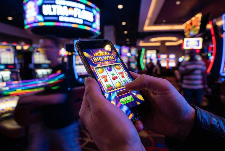phone showing a slot game